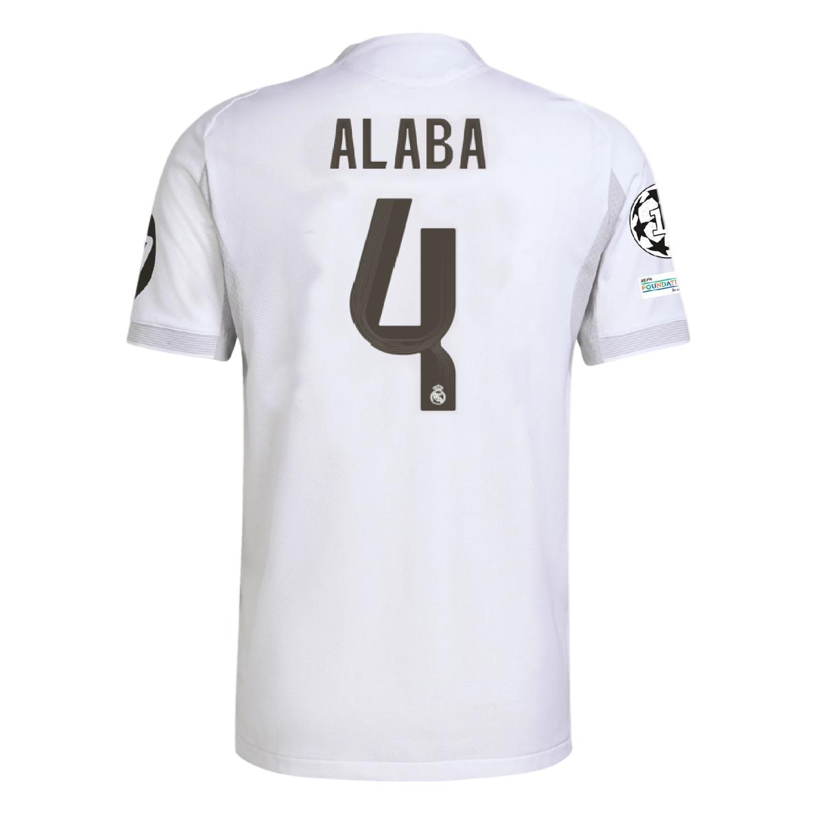 White real madrid soccer sports jersey with 'Alaba' and number '4' on a white background