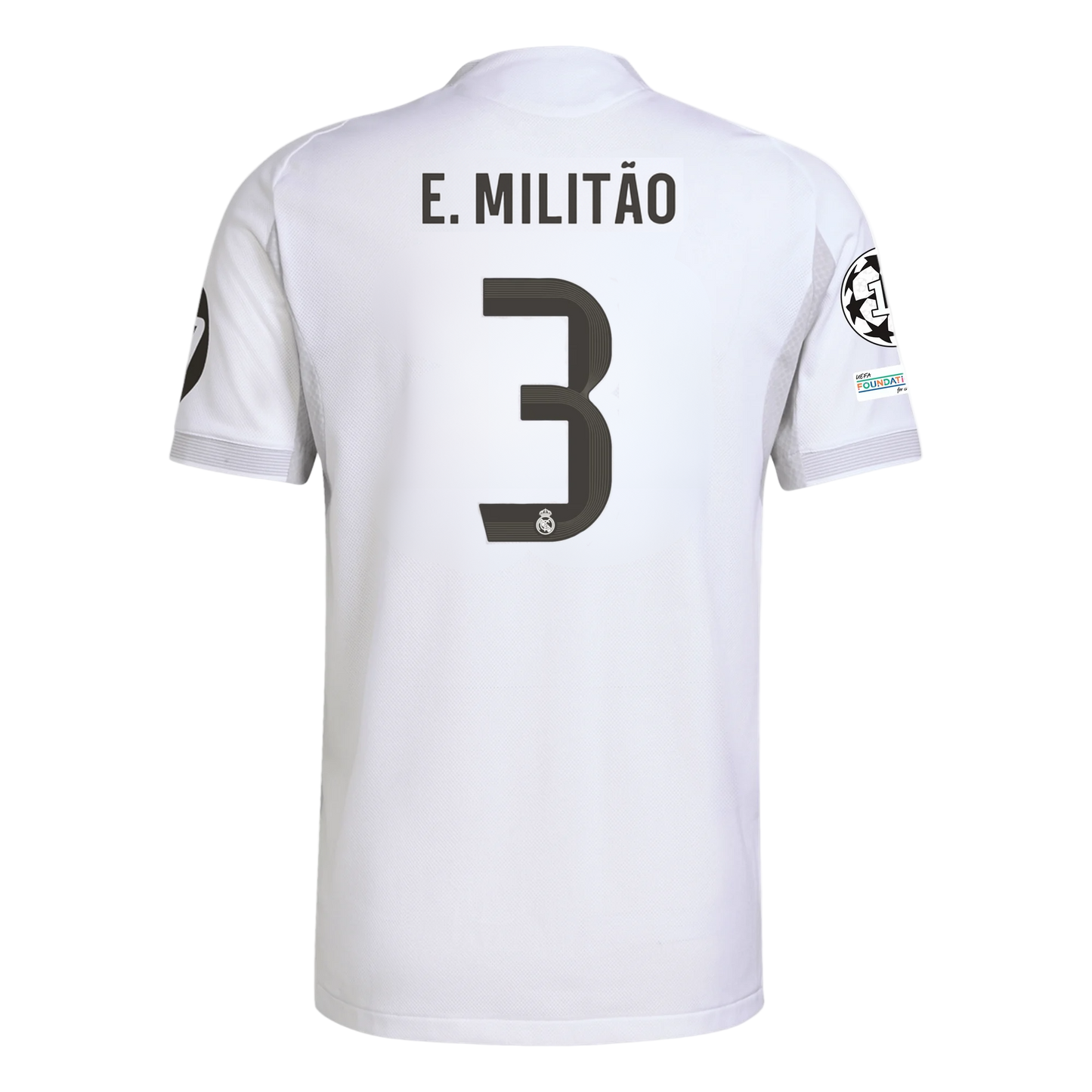 White soccer real madrid sports jersey with 'E. Militáo' and number '3' on a white background