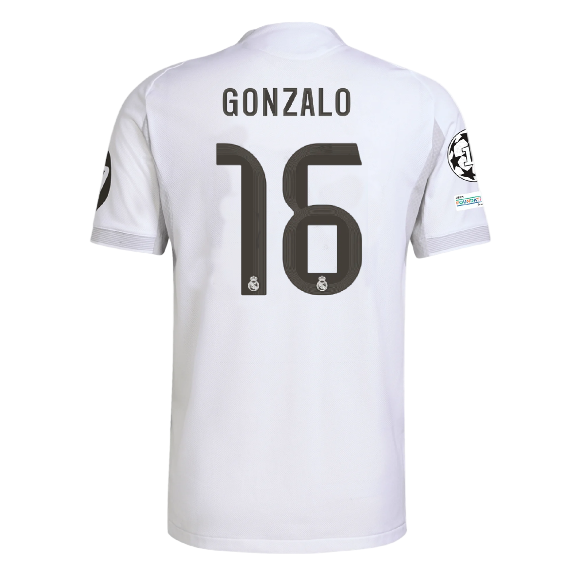 White soccer jersey with 'Gonzalo' and number '16' real madrid