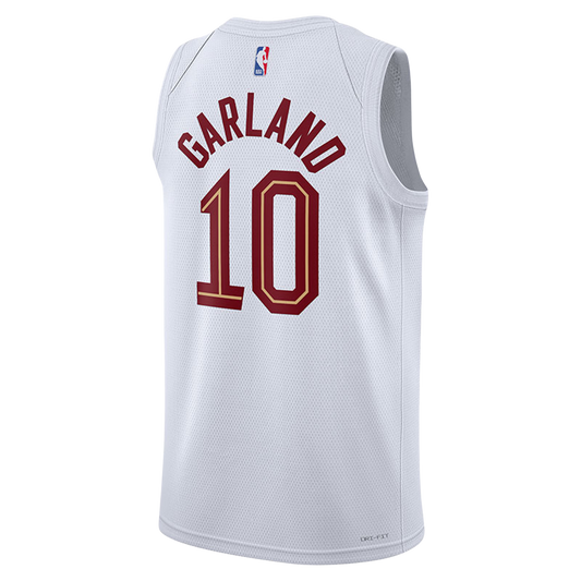 A white basketball jersey with the name 'GARLAND' and the number '10' printed on the back.