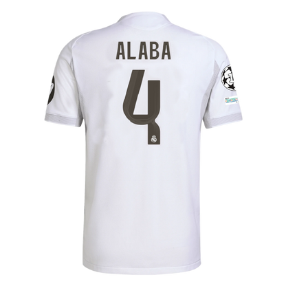 White real madrid soccer sports jersey with 'Alaba' and number '4' on a white background