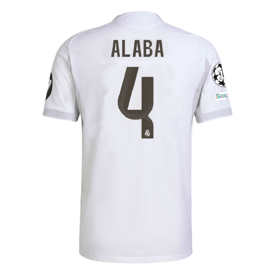White real madrid soccer sports jersey with 'Alaba' and number '4' on a white background