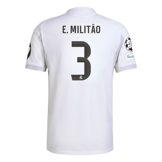White soccer real madrid sports jersey with 'E. Militáo' and number '3' on a white background