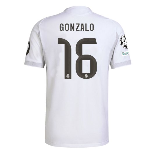 White soccer jersey with 'Gonzalo' and number '16' real madrid 
