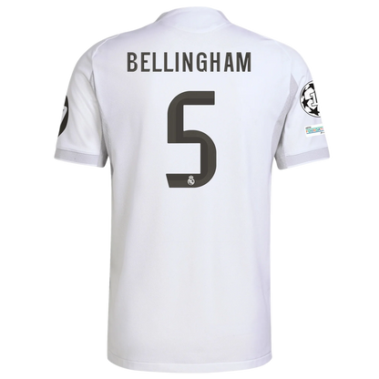 White soccer jersey with 'Bellingham' and number '5' Real Madrid Home 