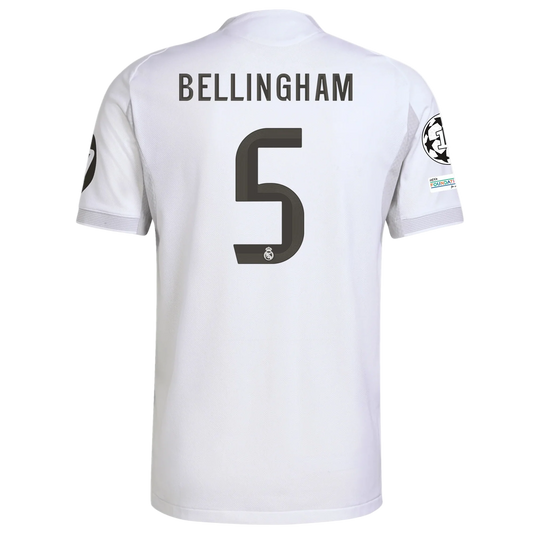 White soccer jersey with 'Bellingham' and number '5' Real Madrid Home 