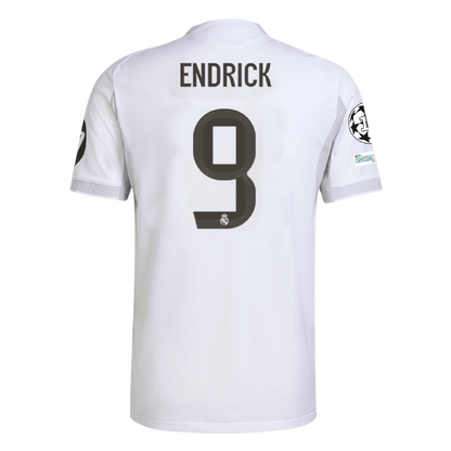 White real madrid sports jersey with 'ENDRICK' and number '9' on a white background
