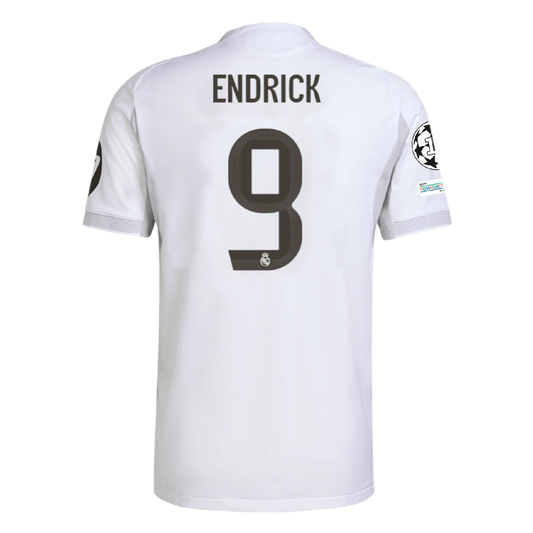 White real madrid sports jersey with 'ENDRICK' and number '9' on a white background