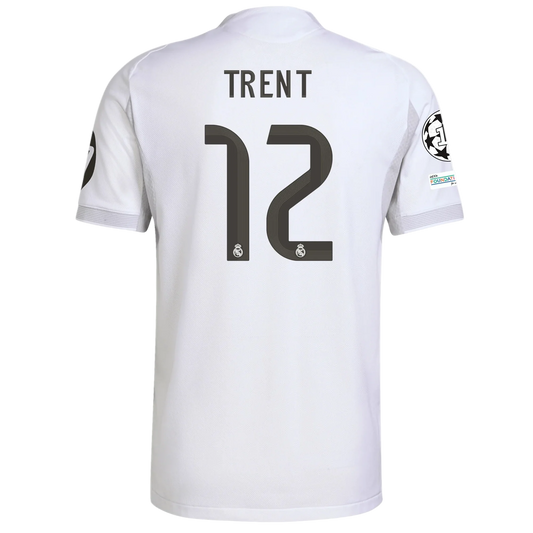 White sports jersey with 'Trent' and number '12' Real Madrid soccer 